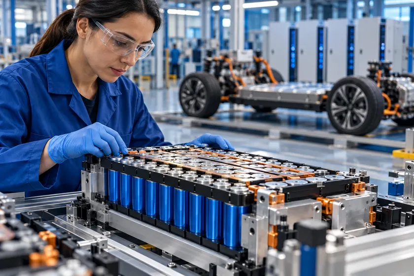 Technicienne assemblant un module de batterie lithium-ion dans une usine de véhicules électriques