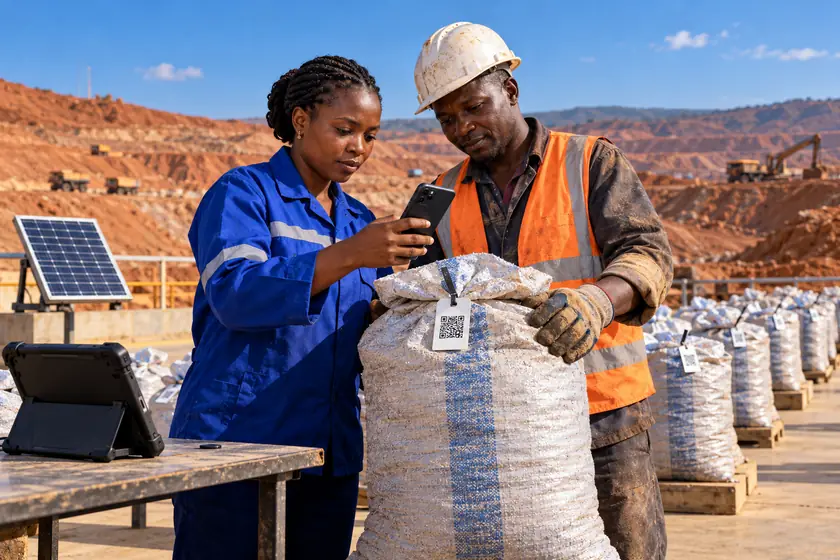 Agent de coopérative scannant l’étiquette d’un sac de minerai avec un smartphone
