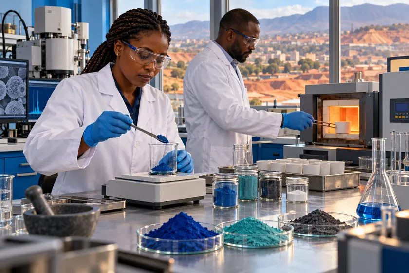 Chercheurs préparant des poudres de matériaux de cathode en laboratoire