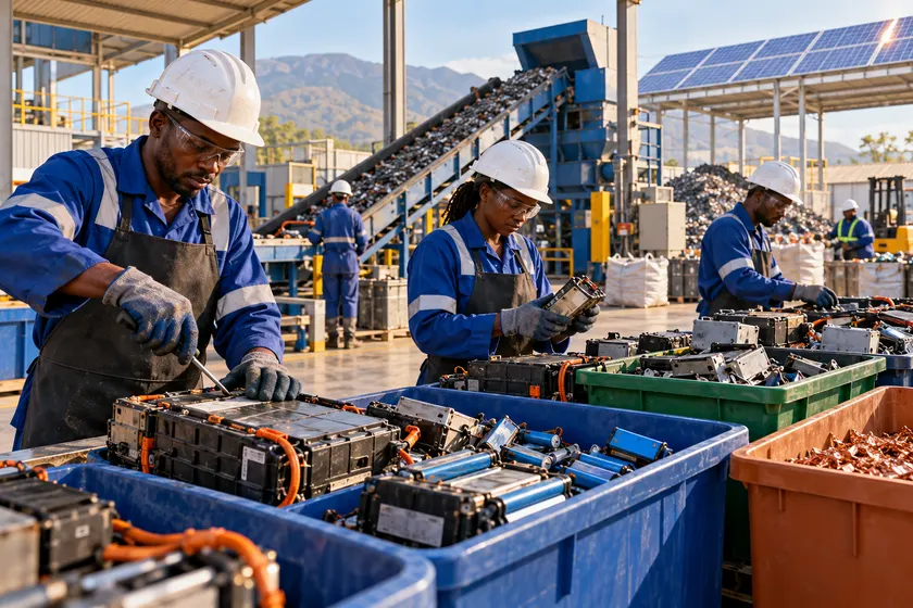 Ouvriers triant des modules de batteries usagées dans un centre de recyclage