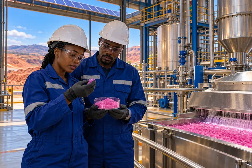 Techniciens contrôlant des cristaux roses de sulfate de cobalt dans une raffinerie