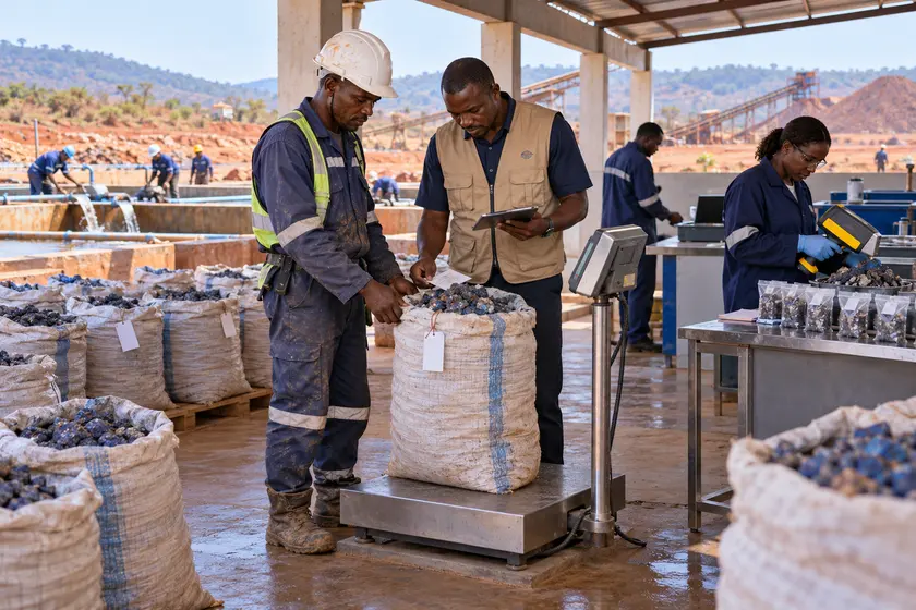 Agent de coopérative et creuseur pesant un sac de minerai étiqueté dans un centre agréé