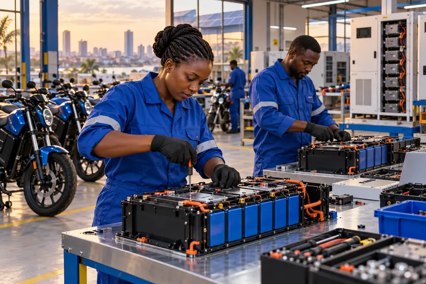 Techniciens assemblant des batteries pour motos électriques et mini-réseaux