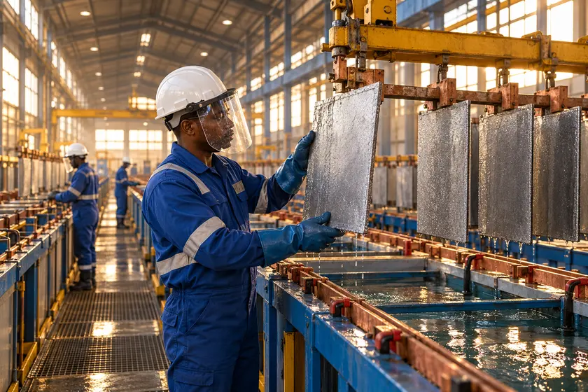 Opérateur inspectant une cathode de cobalt métal dans une salle d’électrolyse