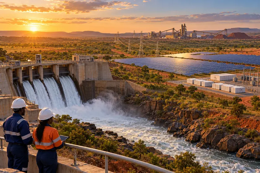 Barrage hydroélectrique, centrale solaire et ligne haute tension vers une usine