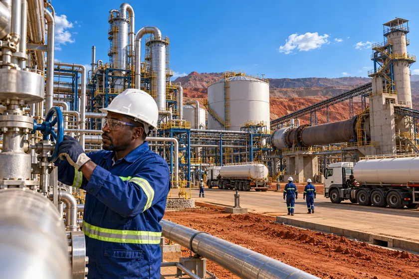 Ingénieur contrôlant une vanne dans une usine d’acide sulfurique et de chaux