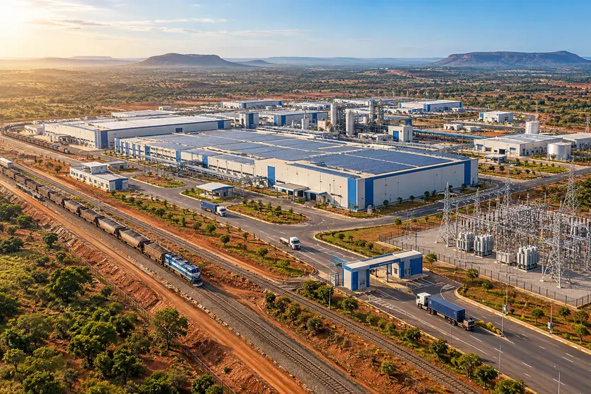 Vue aérienne d’une zone industrielle de batteries avec usines, panneaux solaires et voie ferrée