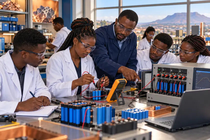 Apprenants testant des cellules de batterie dans un centre de formation